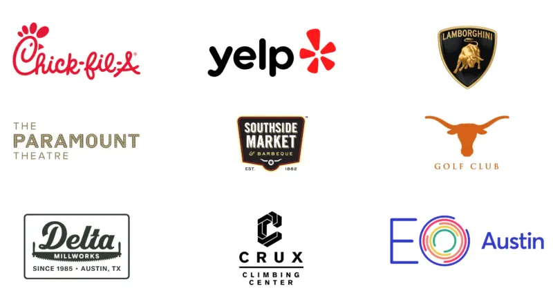 Trusted clients including Lamborghini, Texas Golf Club, Chick-fil-A, Yelp, Paramount Theatre, Southside Market, Delta Millworks, Crux Climbing Center, and EO Austin
